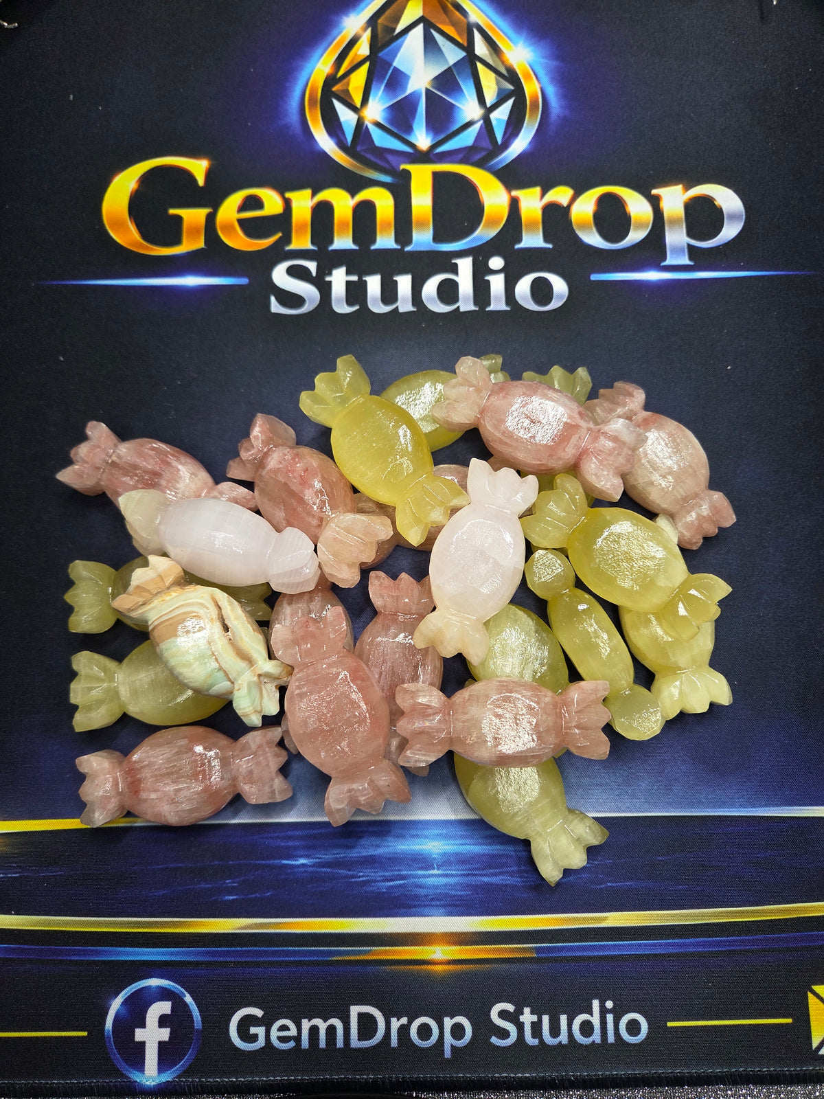 Candy Carvings – Strawberry Calcite, Lemon Calcite, Mangano Calcite & Blue Aragonite