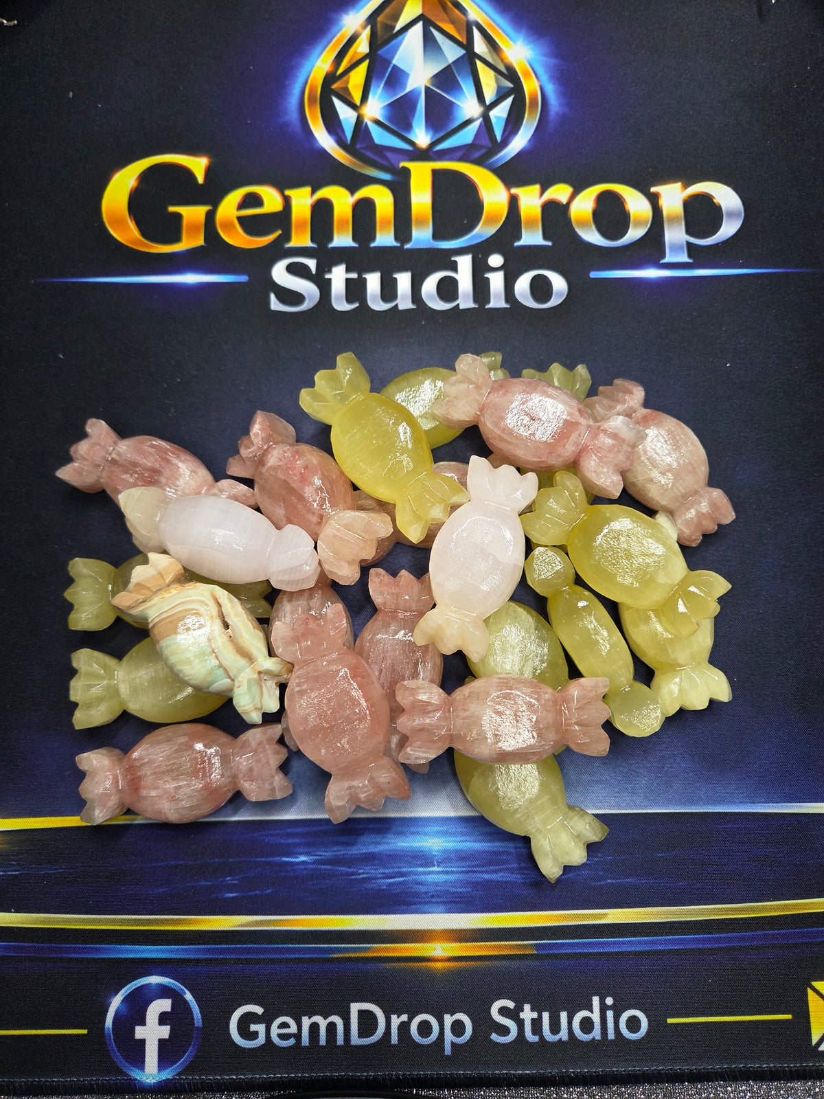 Candy Carvings – Strawberry Calcite, Lemon Calcite, Mangano Calcite & Blue Aragonite
