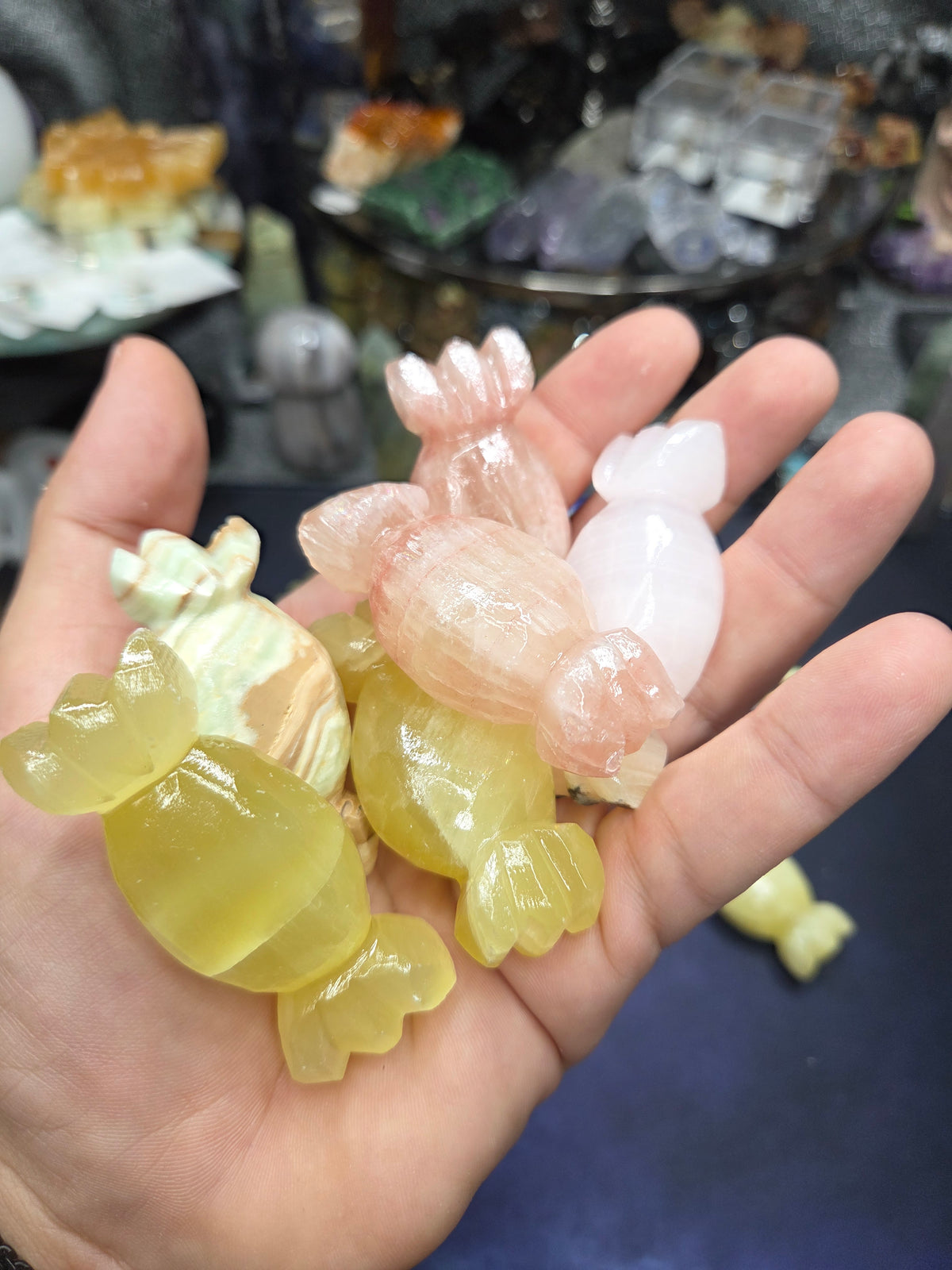 Candy Carvings – Strawberry Calcite, Lemon Calcite, Mangano Calcite & Blue Aragonite