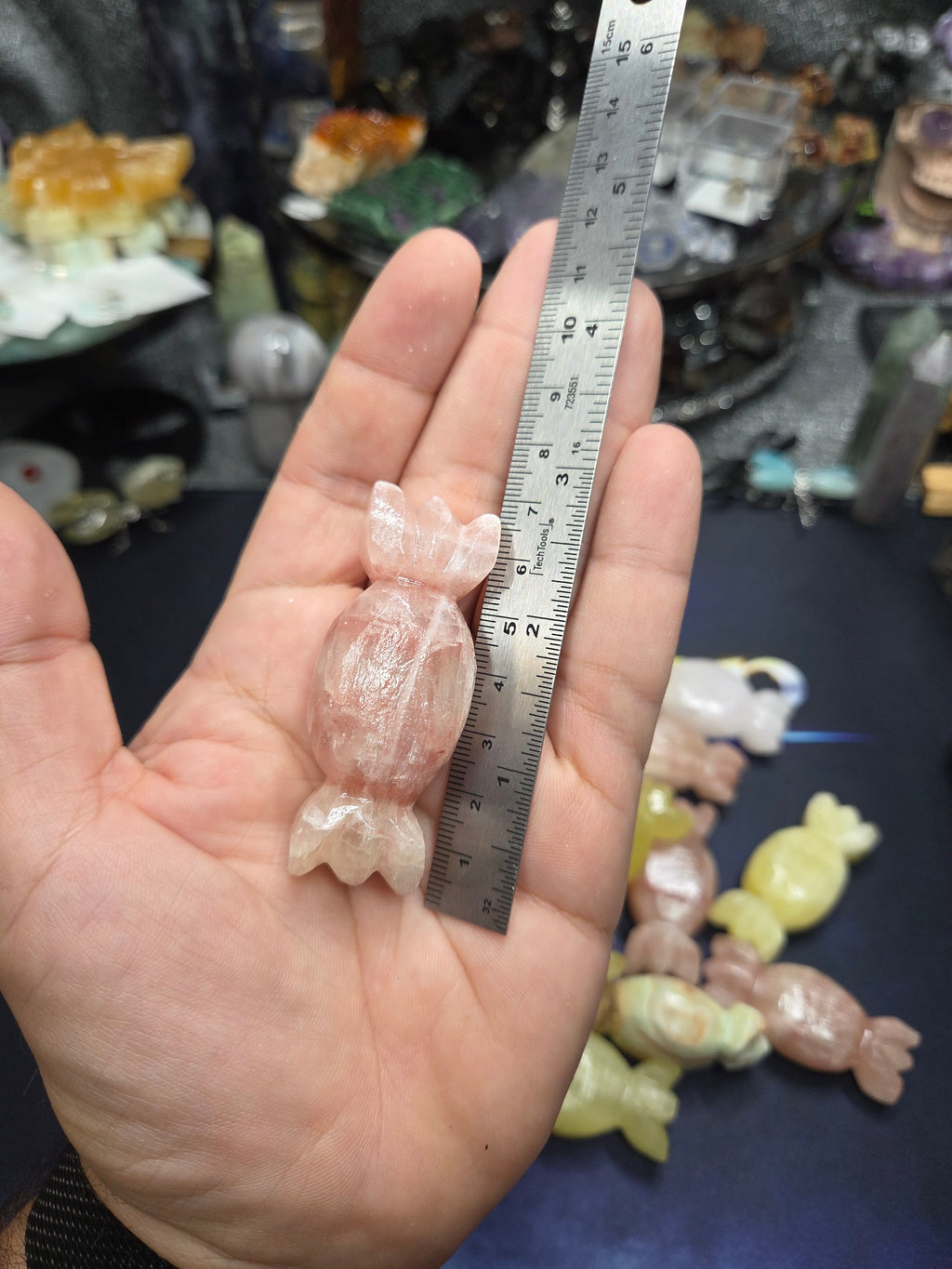 Candy Carvings – Strawberry Calcite, Lemon Calcite, Mangano Calcite & Blue Aragonite