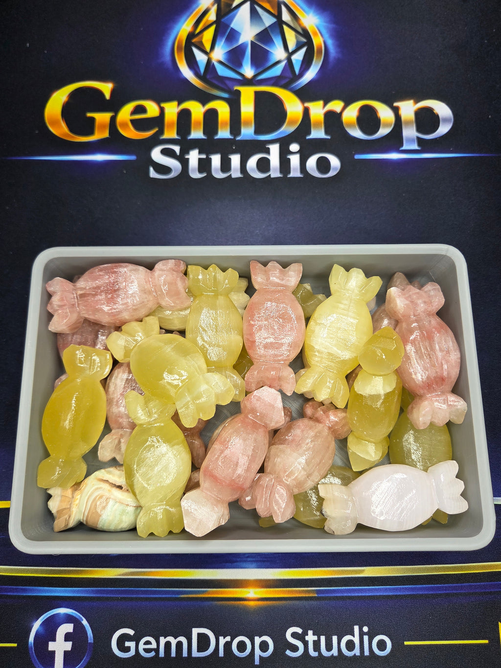 Candy Carvings – Strawberry Calcite, Lemon Calcite, Mangano Calcite & Blue Aragonite
