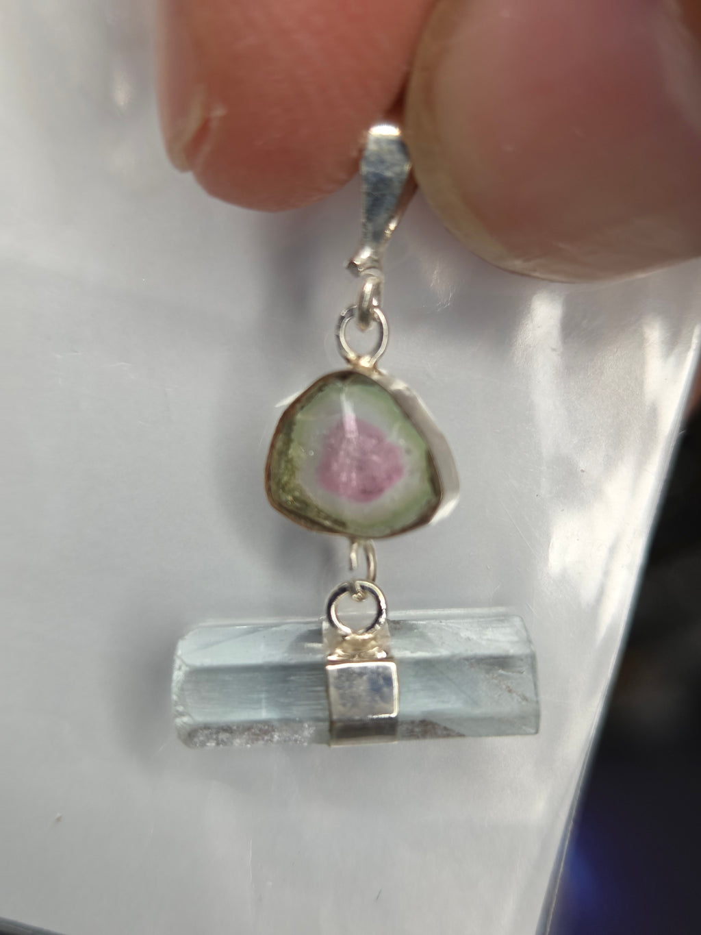 925 Sterling Silver Pendant – Watermelon Tourmaline & Aquamarine (#14)