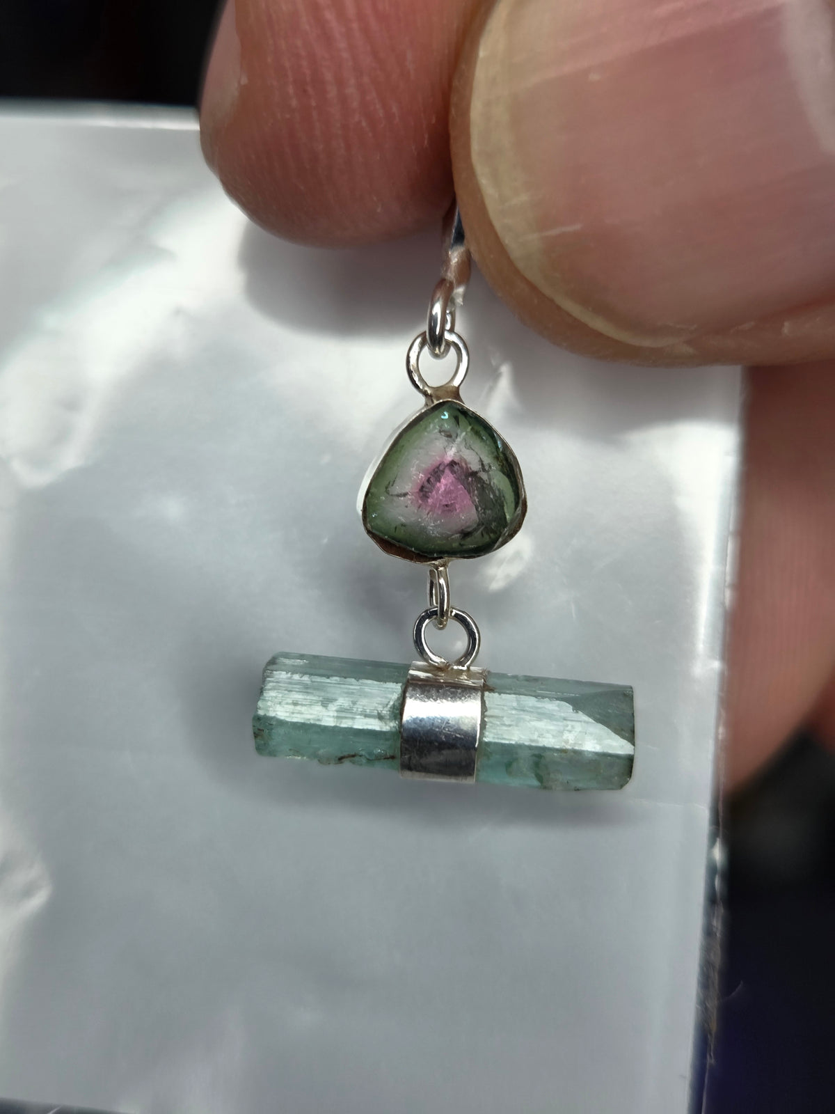 925 Sterling Silver Pendant – Watermelon Tourmaline & Aquamarine (#15)