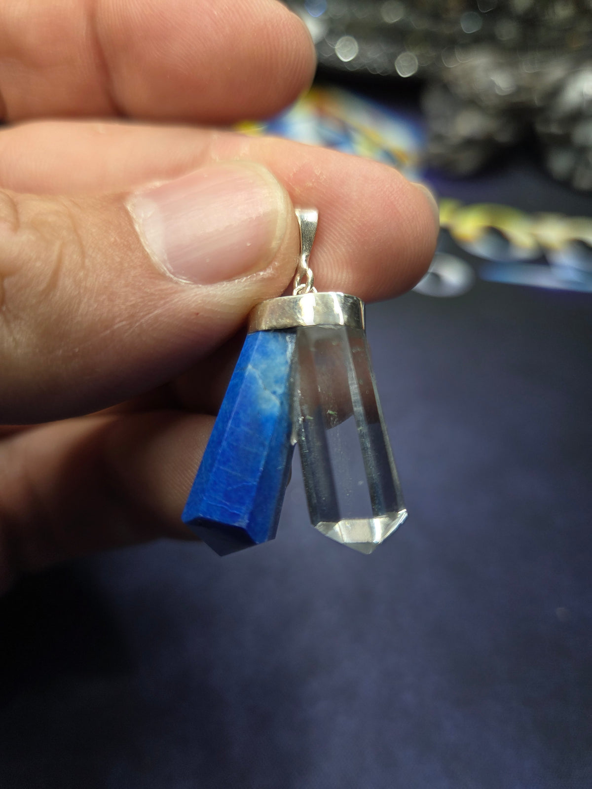 Clear Quartz & Lapis Lazuli Double Point Pendant – 925 Sterling Silver