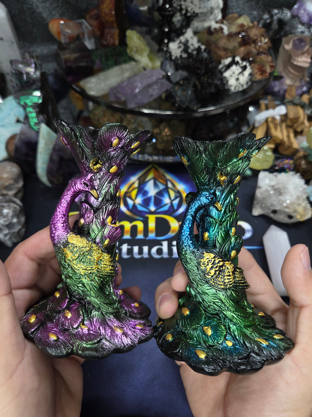 Crystal Sphere Holder — Peacock Style (5" High, 3" Base)