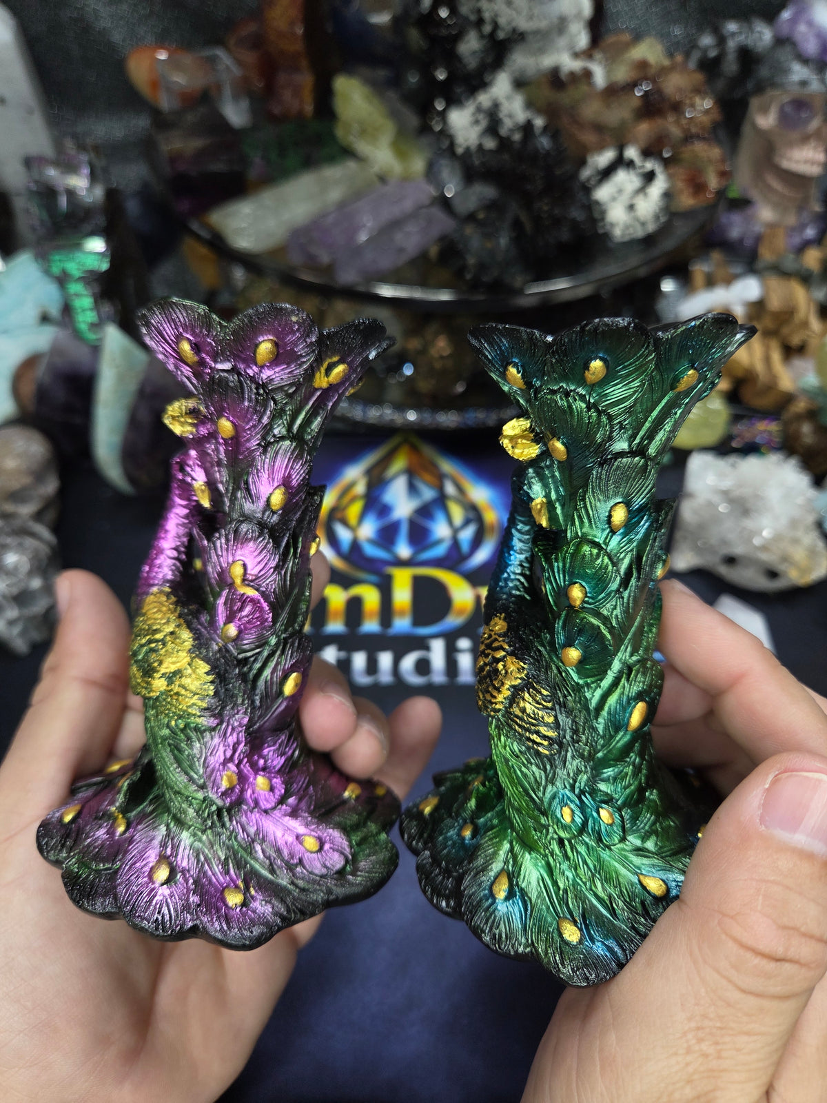 Crystal Sphere Holder — Peacock Style (5" High, 3" Base)