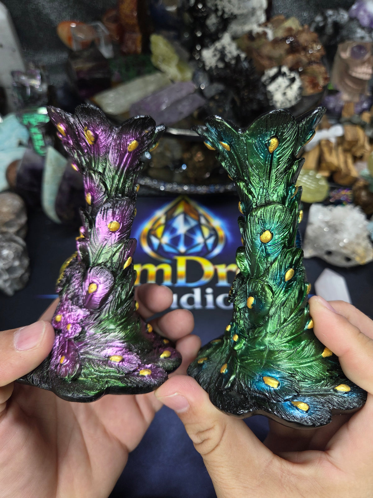 Crystal Sphere Holder — Peacock Style (5" High, 3" Base)