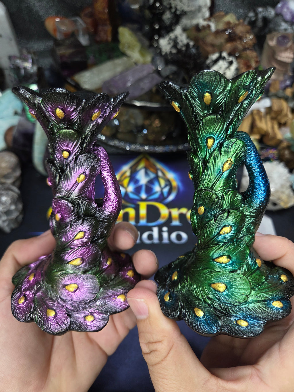 Crystal Sphere Holder — Peacock Style (5" High, 3" Base)